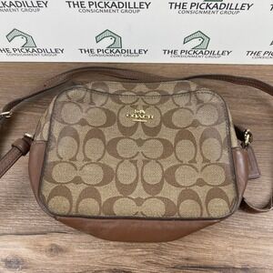 Coach Signature Monogram Canvas Leather Trim‎ Crossbody Bag Brown Gold